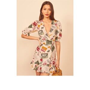 Reformation Carmelo Linen Wrap Dress in Vacaciones, size S